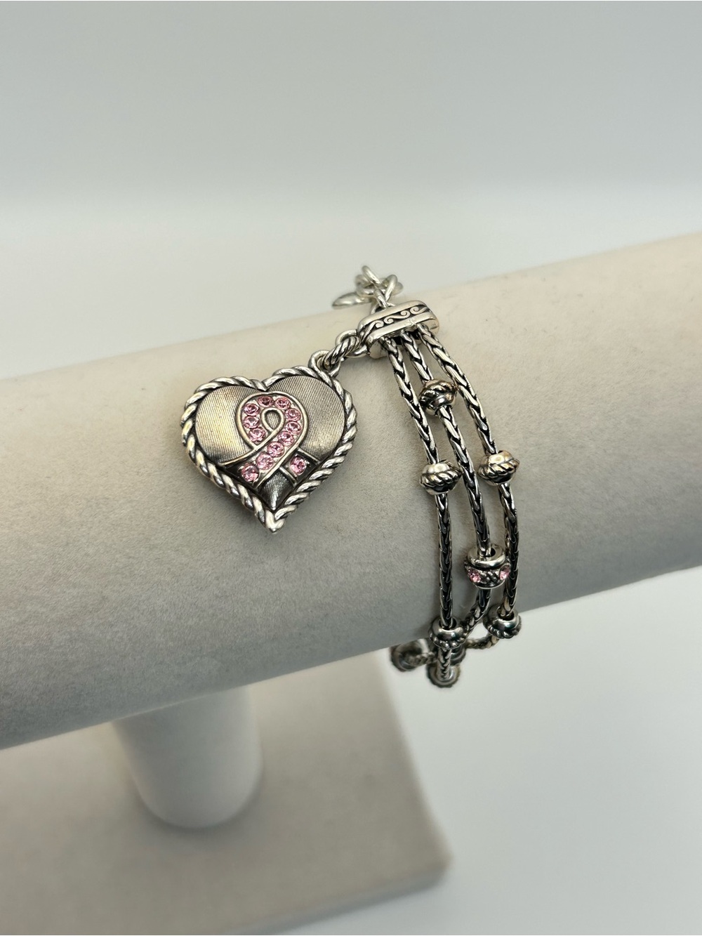Brighton Power of Pink Heart Charm Bracelet 8" Silver Plated Pink Crystals